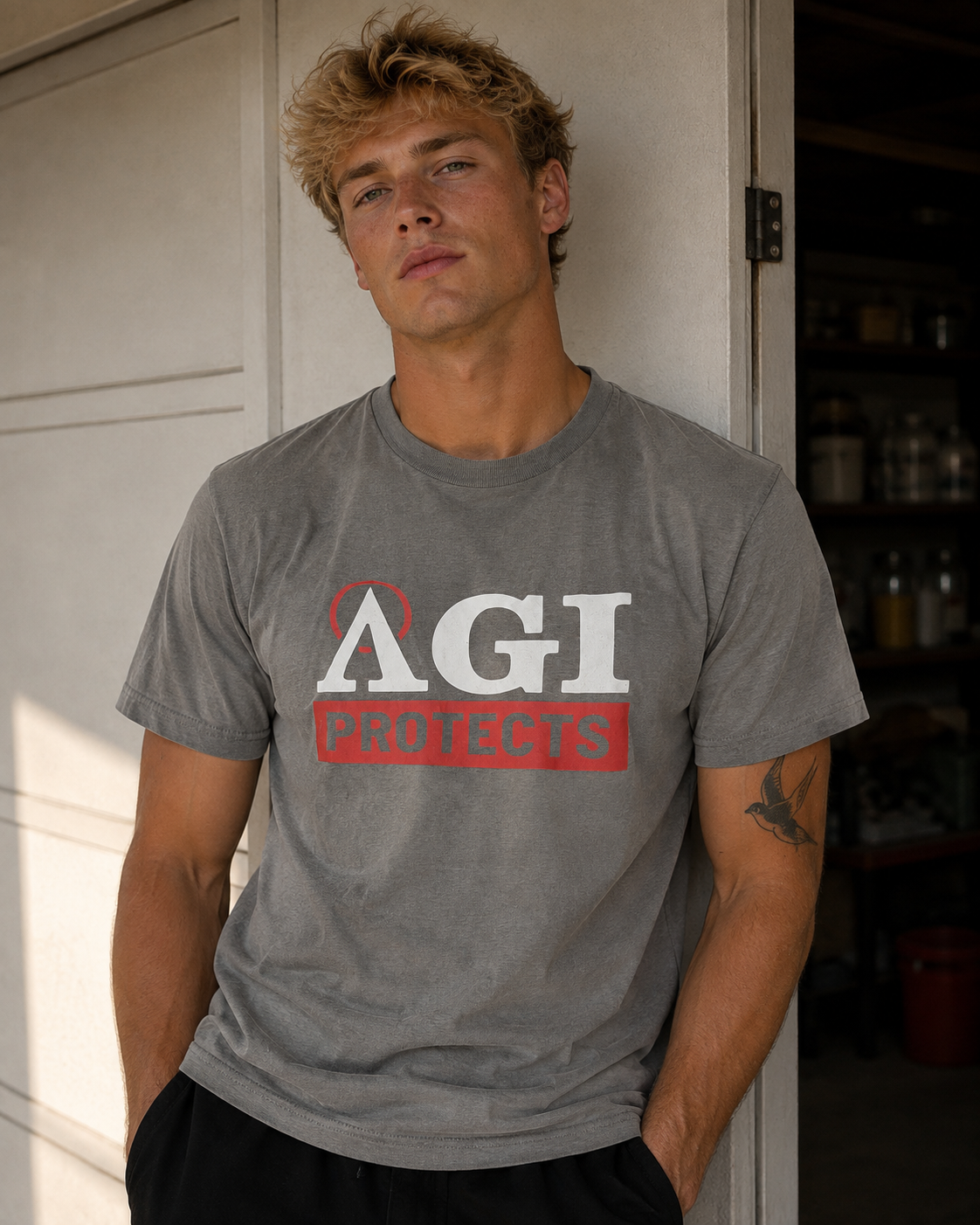 AGI - T-Shirt - Protects Block - Gray w/ bright red